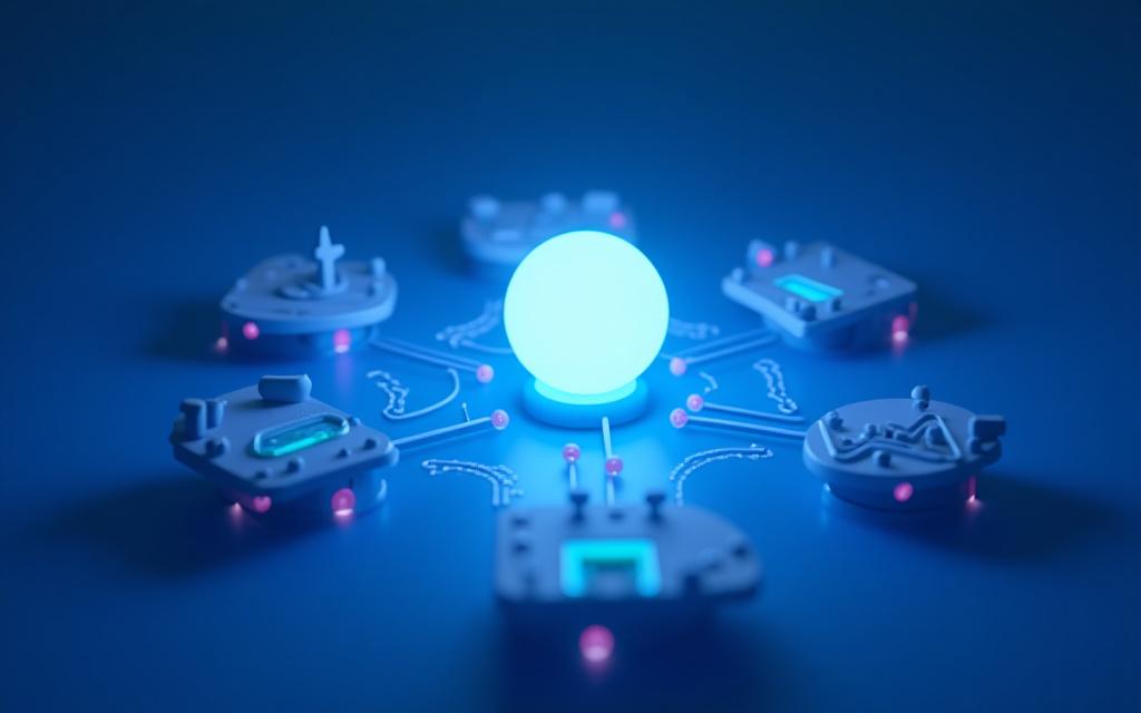 서로 연결된 기술 아이콘(블록체인, AI, 메타버스)들이 중앙의 빛나는 구체를 향해 모이는 이미지