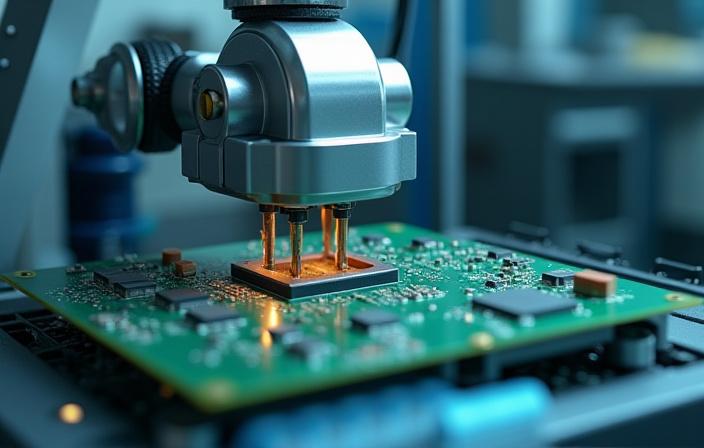 로봇 팔이 정밀하게 회로 기판을 다루는 이미지