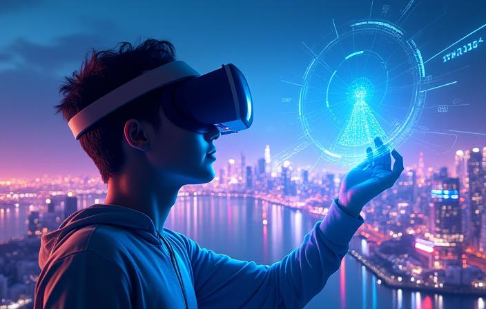 사용자가 VR 헤드셋을 착용하고 가상 도시와 상호작용하는 모습